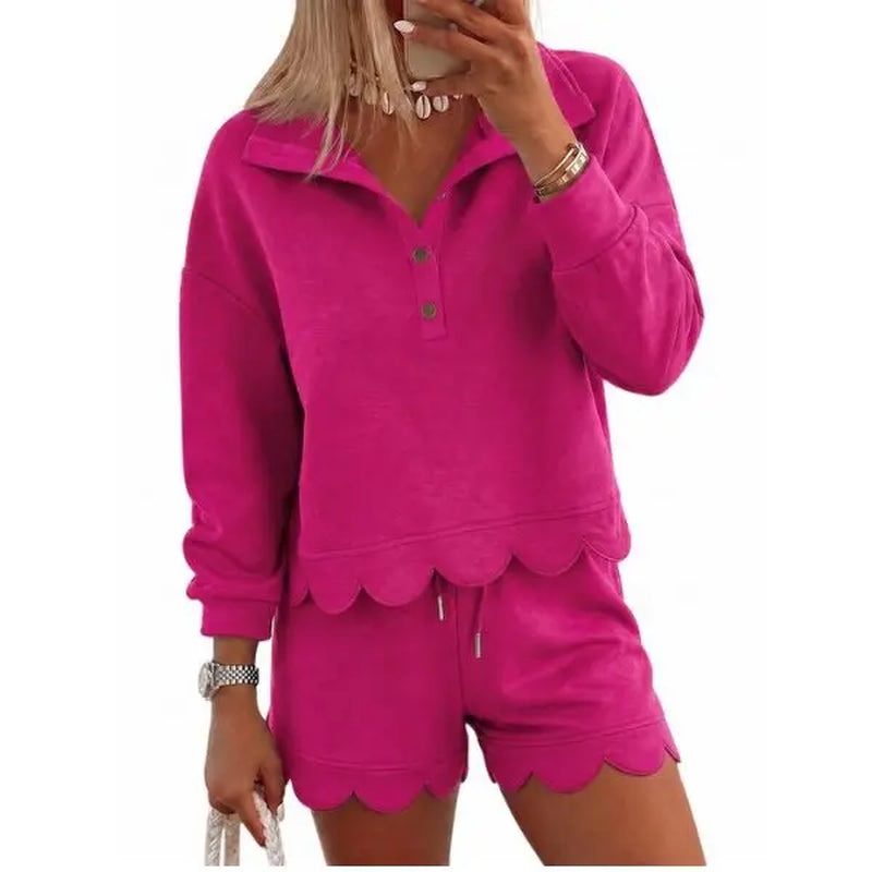 FISOEW Women's Sporty Chic 2-Piece Lounge Set - Long Sleeve Half-Button Top with Shorts