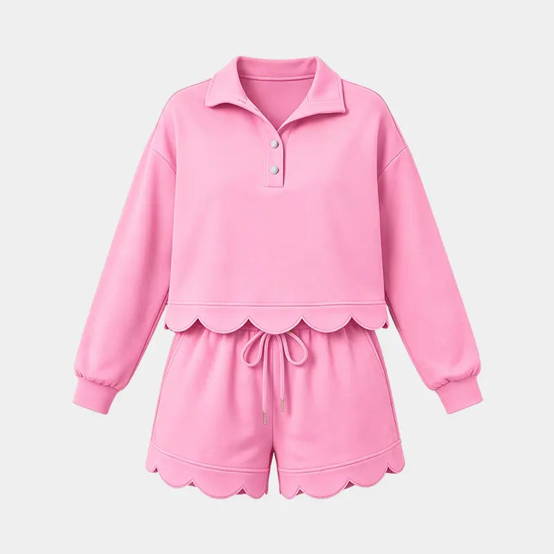 FISOEW Women's Sporty Chic 2-Piece Lounge Set - Long Sleeve Half-Button Top with Shorts