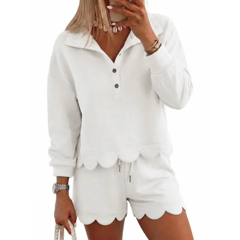 FISOEW Women's Sporty Chic 2-Piece Lounge Set - Long Sleeve Half-Button Top with Shorts