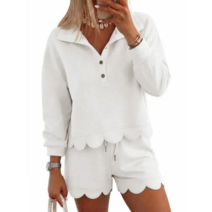FISOEW Women's Sporty Chic 2-Piece Lounge Set - Long Sleeve Half-Button Top with Shorts