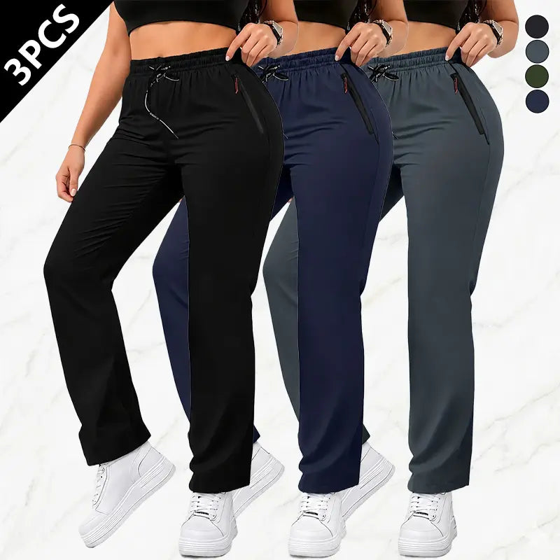 Women's Solid-Color Athletic Pants - Set of 3 with Drawstring Waist and Zippered Pockets for Outdoor Activities and Daily Wear
