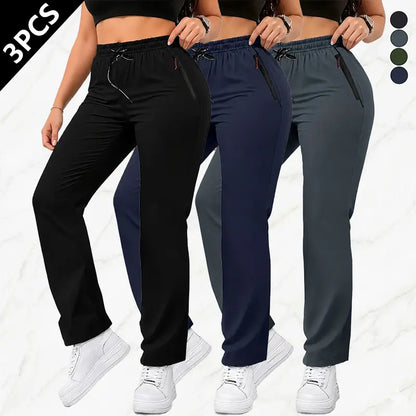 Women's Solid-Color Athletic Pants - Set of 3 with Drawstring Waist and Zippered Pockets for Outdoor Activities and Daily Wear