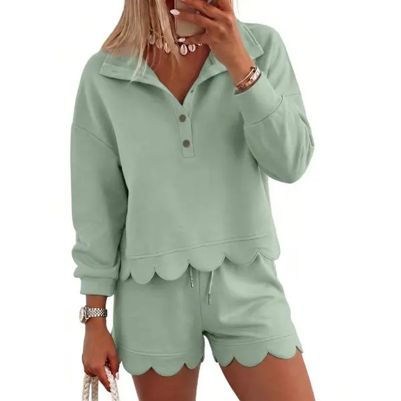 FISOEW Women's Sporty Chic 2-Piece Lounge Set - Long Sleeve Half-Button Top with Shorts