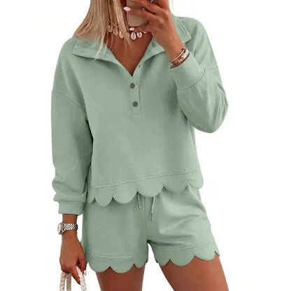 FISOEW Women's Sporty Chic 2-Piece Lounge Set - Long Sleeve Half-Button Top with Shorts