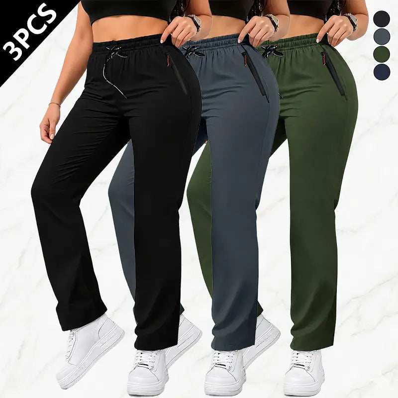 Women's Solid-Color Athletic Pants - Set of 3 with Drawstring Waist and Zippered Pockets for Outdoor Activities and Daily Wear