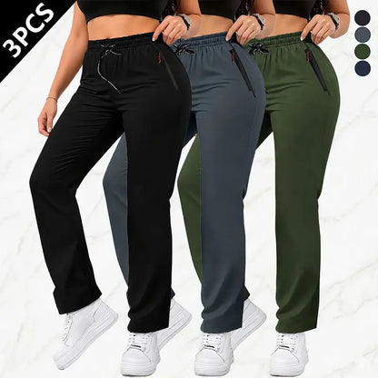 Women's Solid-Color Athletic Pants - Set of 3 with Drawstring Waist and Zippered Pockets for Outdoor Activities and Daily Wear