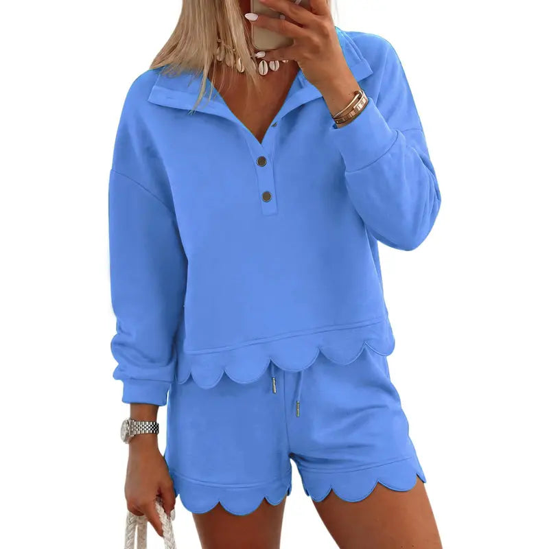 FISOEW Women's Sporty Chic 2-Piece Lounge Set - Long Sleeve Half-Button Top with Shorts