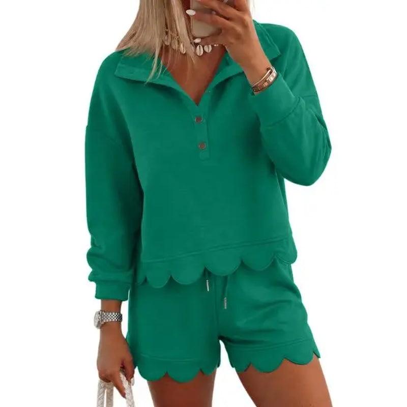 FISOEW Women's Sporty Chic 2-Piece Lounge Set - Long Sleeve Half-Button Top with Shorts