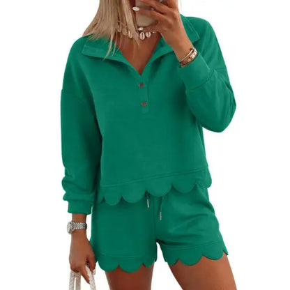 FISOEW Women's Sporty Chic 2-Piece Lounge Set - Long Sleeve Half-Button Top with Shorts
