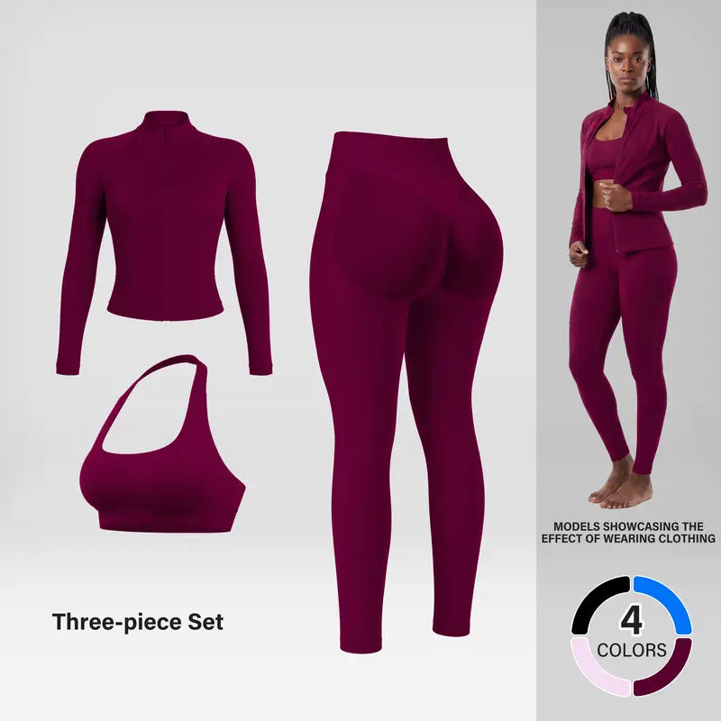 Elevate Your Workout: Women's Seamless Ribbed Athletic Collection with Full-Zip Jacket, Stylish One-Shoulder Bra, and High-Waisted Scrunch Butt Leggings for Ultimate Comfort and Performance
