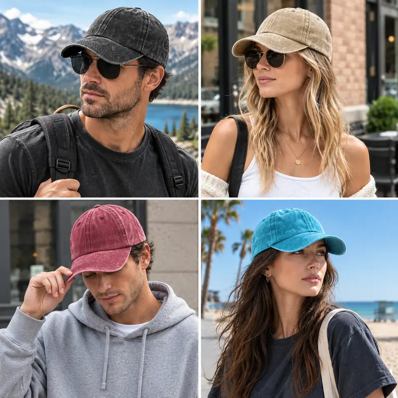 Vintage Washed Cotton Denim Lightweight Baseball Cap with Adjustable Snapback, Breathable Retro Design for Everyday Streetwear, Unisex Casual Headwear