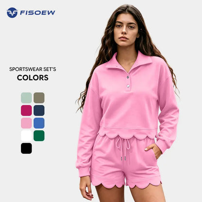 FISOEW Women's Sporty Chic 2-Piece Lounge Set - Long Sleeve Half-Button Top with Shorts