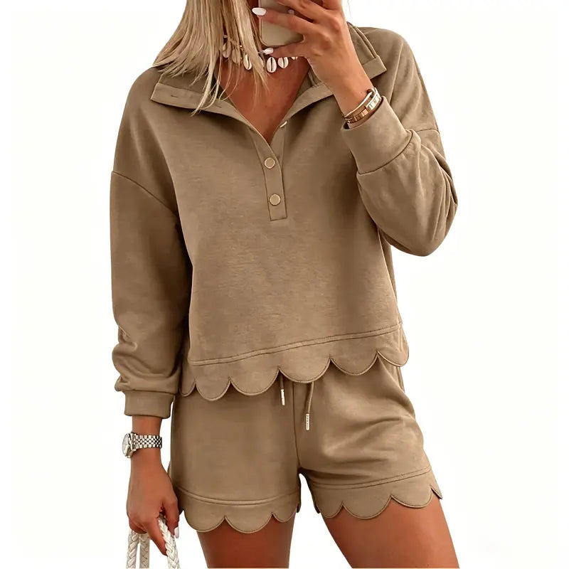 FISOEW Women's Sporty Chic 2-Piece Lounge Set - Long Sleeve Half-Button Top with Shorts