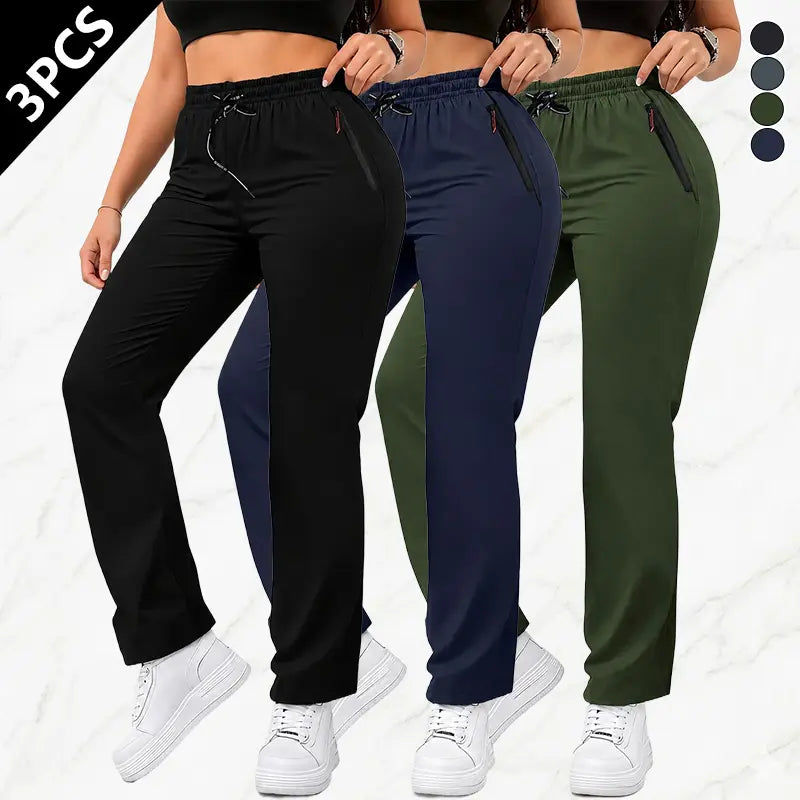 Women's Solid-Color Athletic Pants - Set of 3 with Drawstring Waist and Zippered Pockets for Outdoor Activities and Daily Wear