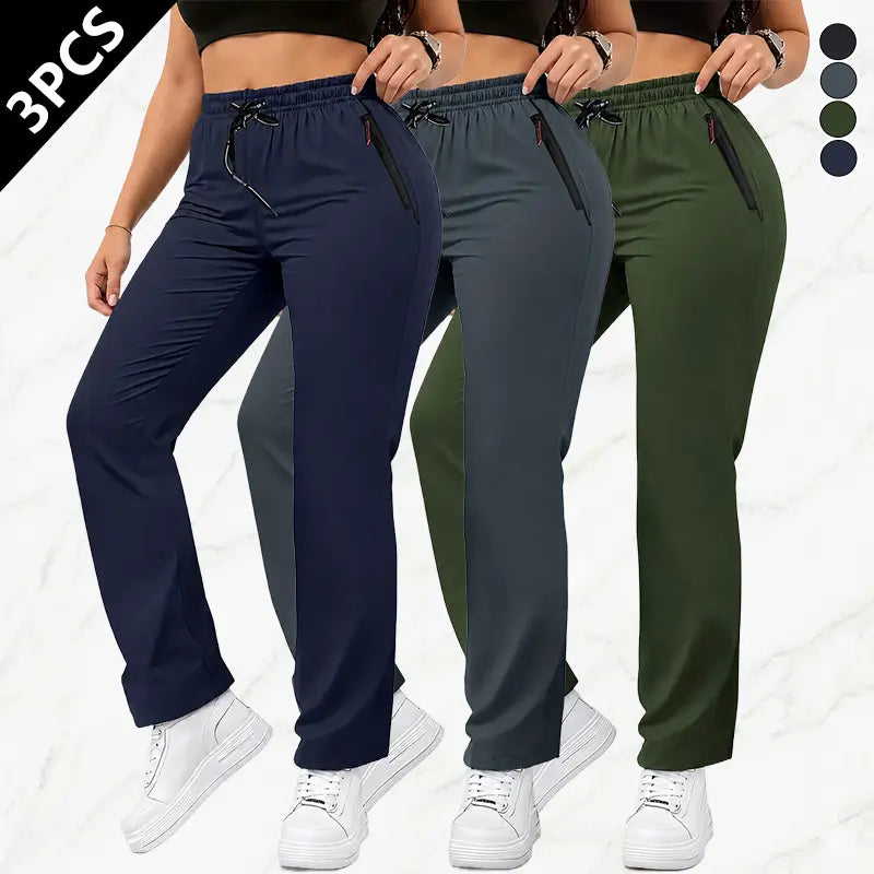 Women's Solid-Color Athletic Pants - Set of 3 with Drawstring Waist and Zippered Pockets for Outdoor Activities and Daily Wear