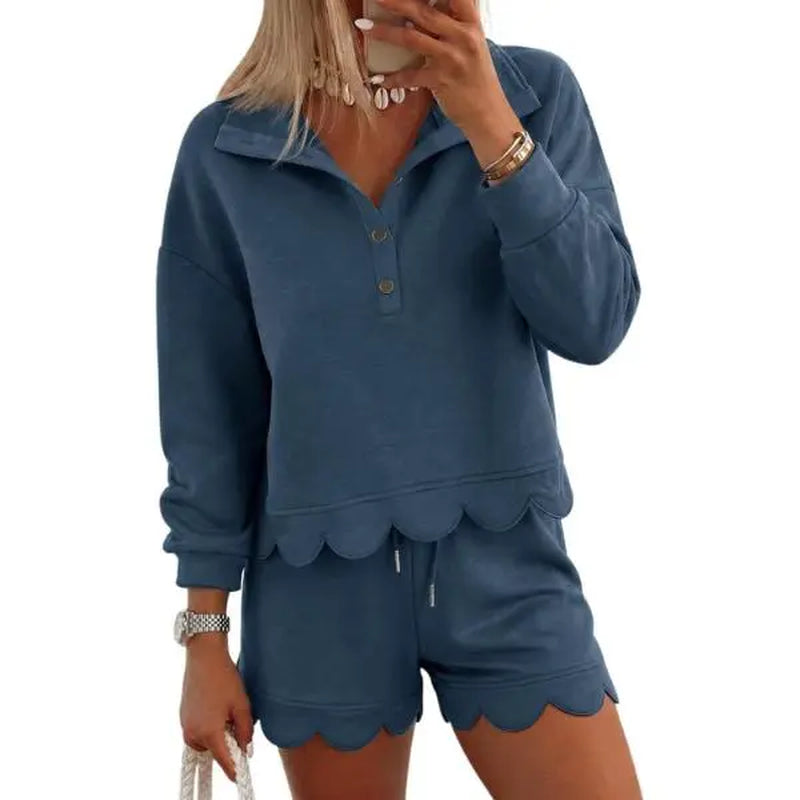 FISOEW Women's Sporty Chic 2-Piece Lounge Set - Long Sleeve Half-Button Top with Shorts