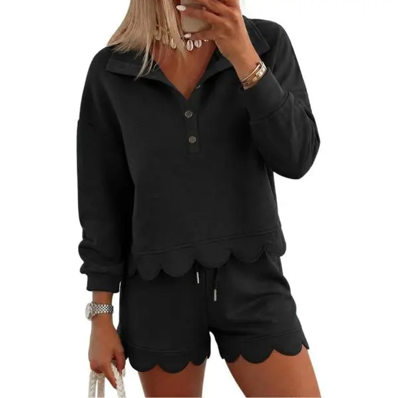 FISOEW Women's Sporty Chic 2-Piece Lounge Set - Long Sleeve Half-Button Top with Shorts
