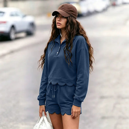 FISOEW Women's Sporty Chic 2-Piece Lounge Set - Long Sleeve Half-Button Top with Shorts