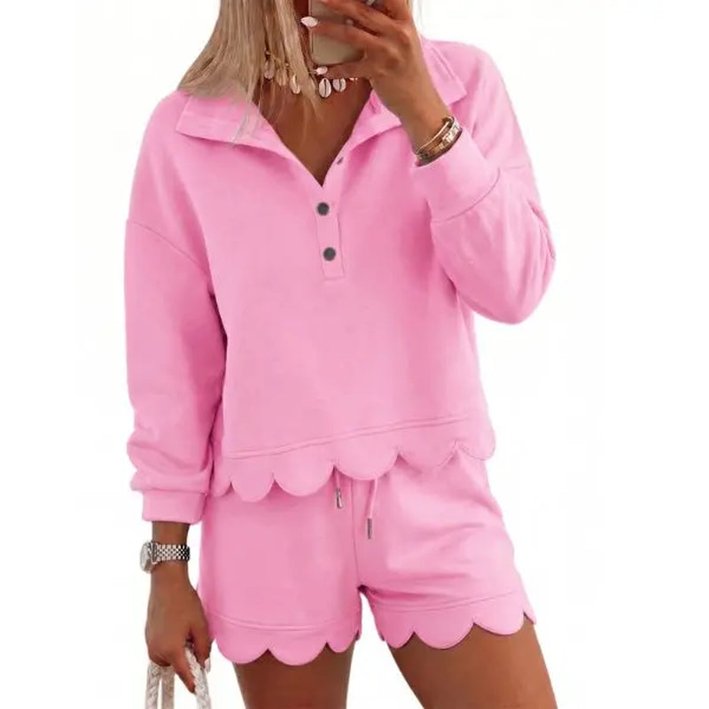 FISOEW Women's Sporty Chic 2-Piece Lounge Set - Long Sleeve Half-Button Top with Shorts